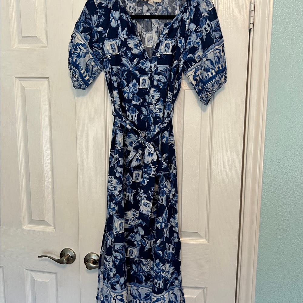 LOFT Blue Printed Short Sleeve Dress